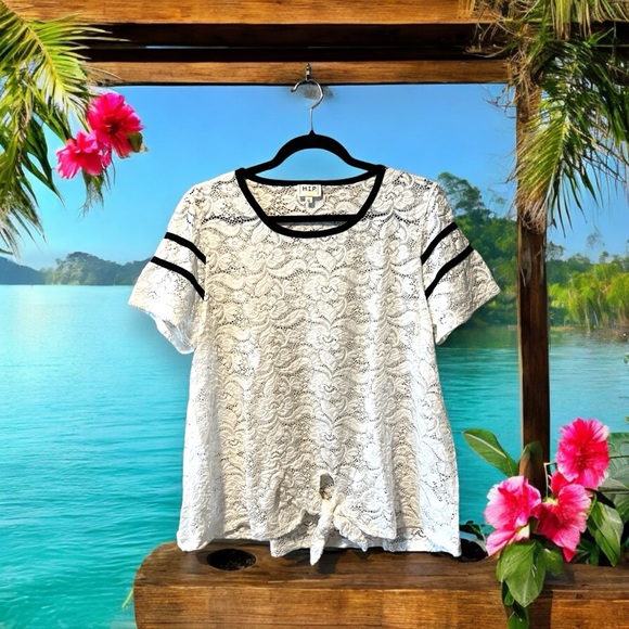 H.I.P. White Lace Top with Black Trim Accents - Picture 14 of 14